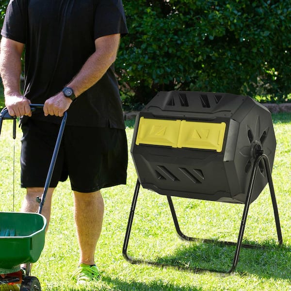 AUTMOON 42 Gal. Tumbling Compost Bin Outdoor 360-Degree Dual Chamber Rotating Composter, Yellow