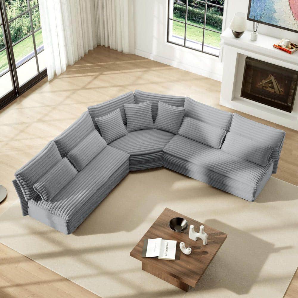 Luxury Collection 102.4 in. Armless 3-piece Corduroy L-Shaped Sectional Sofa in Light Grey with Curved Corner