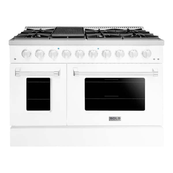 Hallman BOLD 48" 6.7 Cu. Ft. 8 Burner Freestanding Double Oven Dual Fuel Range with Gas Stove and Electric Oven in. White