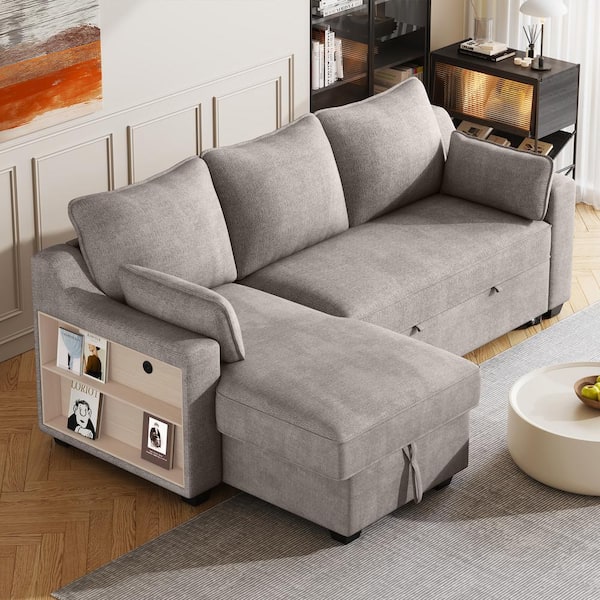 Harper & Bright Designs L-Shaped 90 in. Light Brown Convertible Sleeper Sofa Bed with Storage Chaise Lounge, Storage Racks, USB Ports