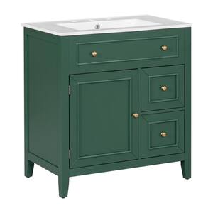 30 in. W x 18 in. D x 33 in. H Single Sink Solid Wood Frame Freestanding Bath Vanity in Green with White Ceramic Top