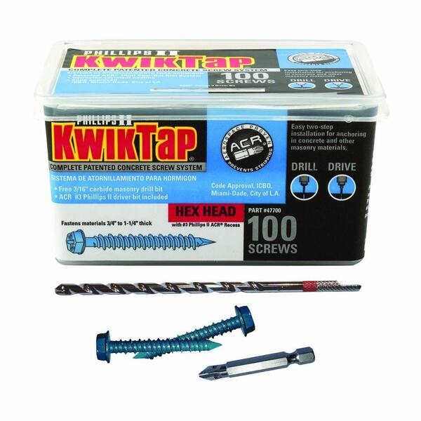 KwikTap 1/4 in. x 2-3/4 in. Hex-Head Concrete Screws (100 per Pack)