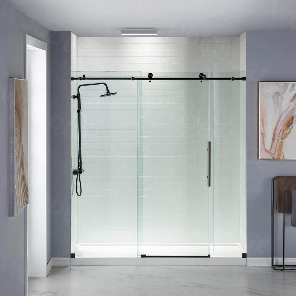 72" Matte Black Frameless Sliding Shower Door with Clear Tempered Glass