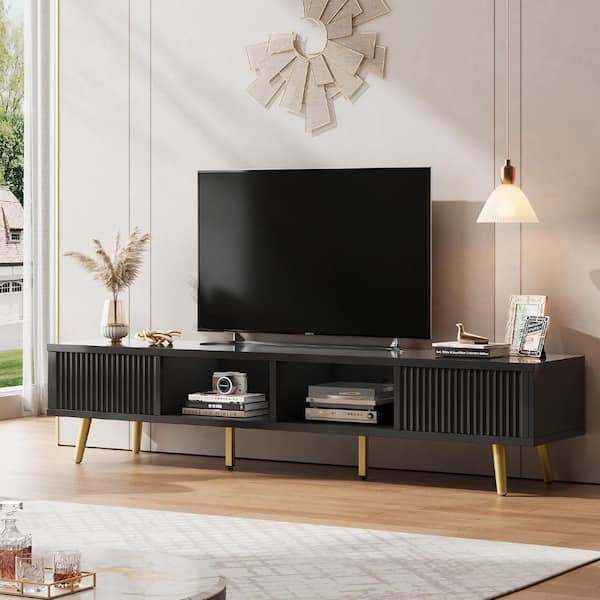 71 in. Modern Glossy Black TV Stand with LED Light and Sliding Door Cabinet Fits TV Up to 75 in. Entertainment Center