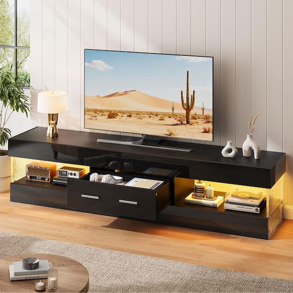 67 in. Glossy Black TV Stand Fits TV Up to 75 in. Entertainment Center with Storage Drawer LED Light
