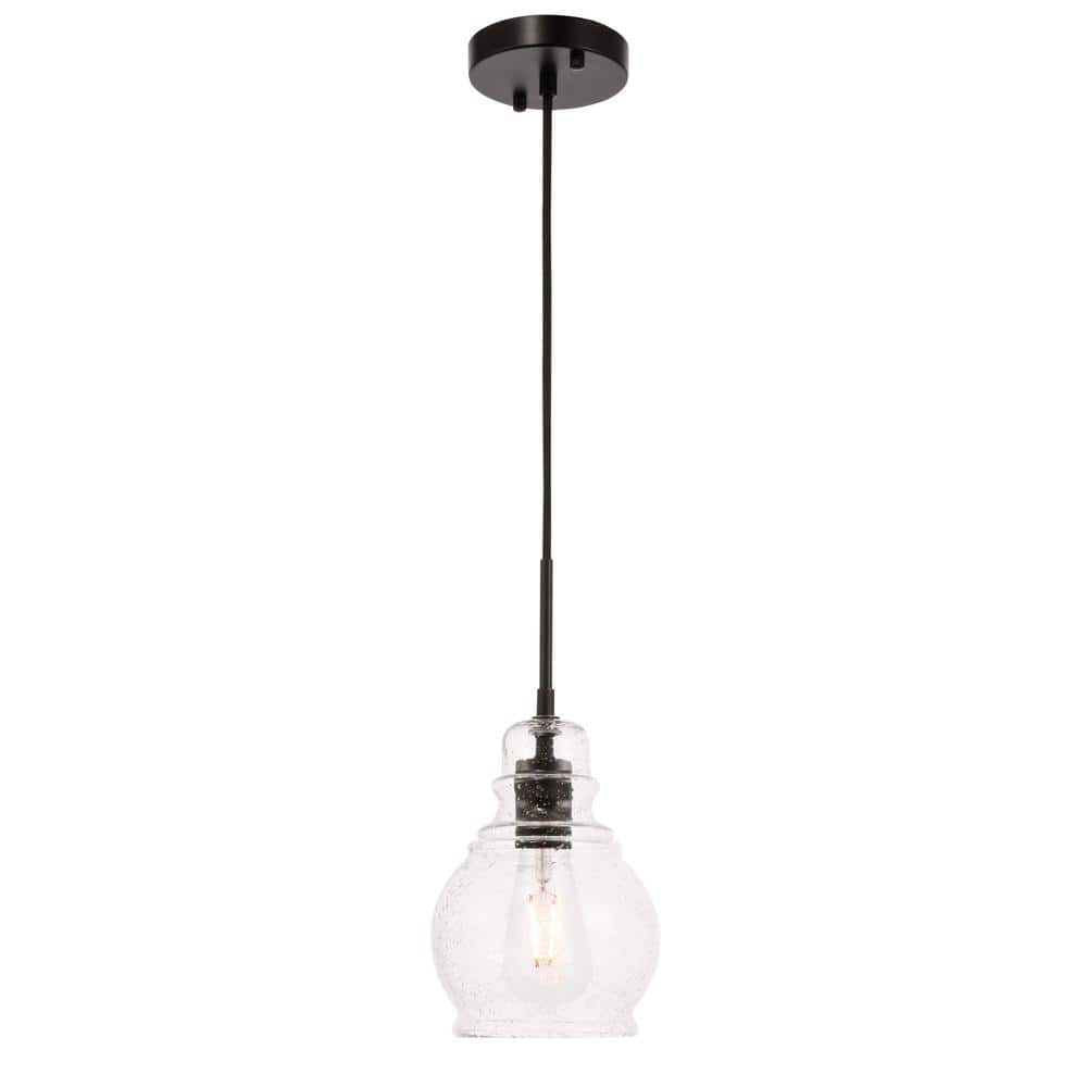 Timeless Home 6.25 in. 1-Light Black and Clear Seeded Glass Pendant Light, 