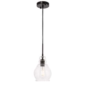 Timeless Home 6.25 in. 1-Light Black and Clear Seeded Glass Pendant Light, Bulbs Not Included