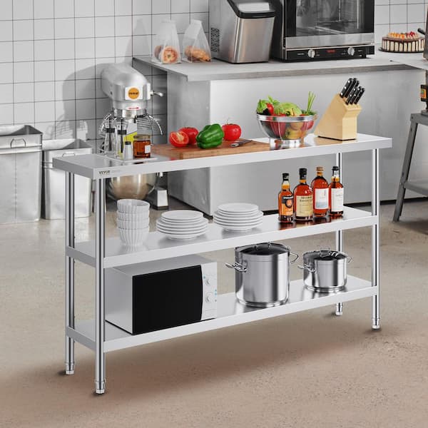 Kitchen Prep Table 14 x 60 x 34 in. Silver Stainless Steel Table 2 Adjustable Undershelf Kitchen Utility Table, Silver