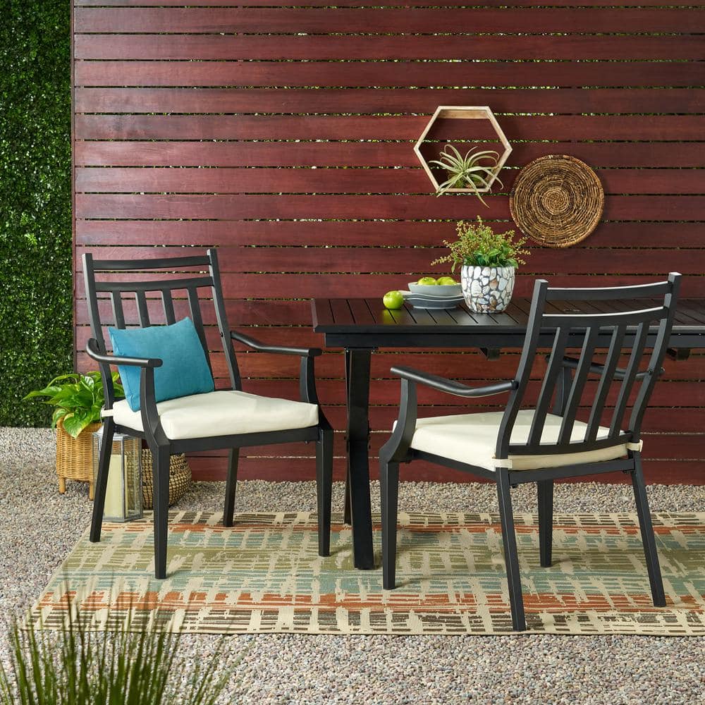Matte Black Iron Outdoor Dining Chairs with Beige Cushions (Set of 2)