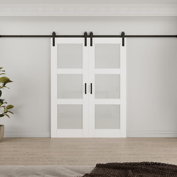 56 in. x 80 in. 3-Lite Tempered Frosted Glass White Primed MDF Composite Sliding Barn Door with Hardware Kit