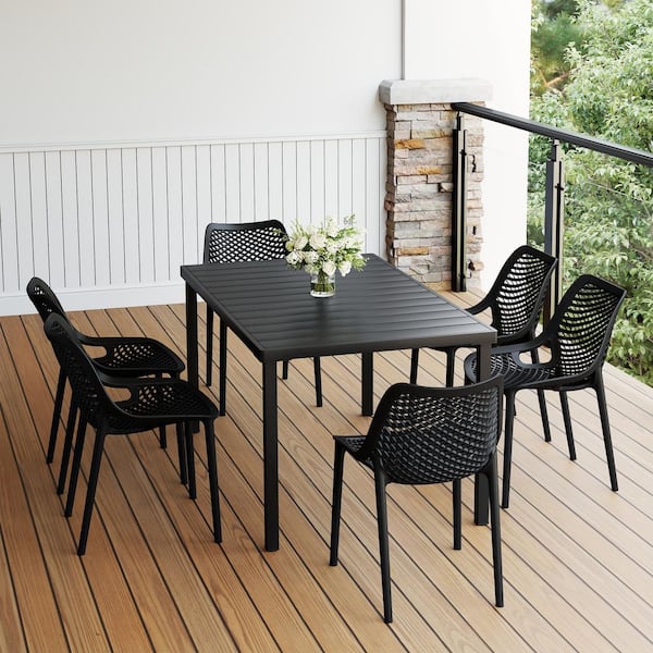 Frond and Form Modern Outdoor Patio 7-Piece Rectangular Iron Table Dining Set w/ Plastic Stackable Chairs, Black