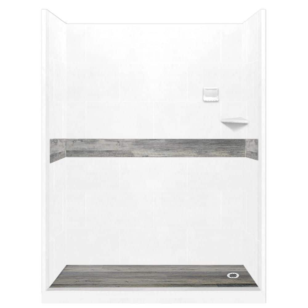 Sterling Oak Pan and Walls 30 in. x 60 in. x 80 in. Right Drain Alcove Shower Kit in Natural Buff and Chrome Hardware price history on PriceWatchPro