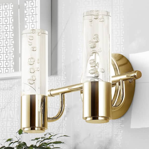 JONATHAN Y Bolha 10.75 in. 2-Light Brass Gold Minimalist Modern Bubble Acrylic/Iron Integrated LED Vanity Light