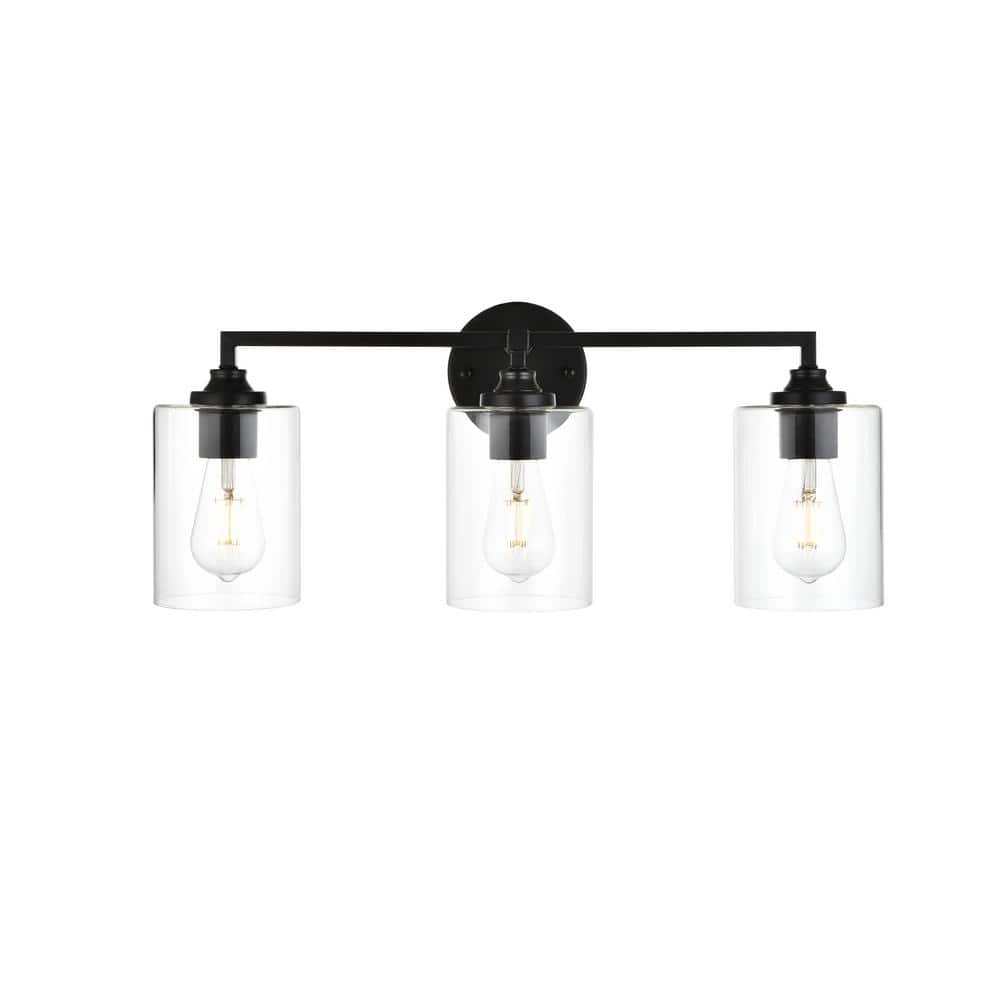 Simply Living 23 in. 3-Light Modern Black Vanity Light with Clear Cylinder 