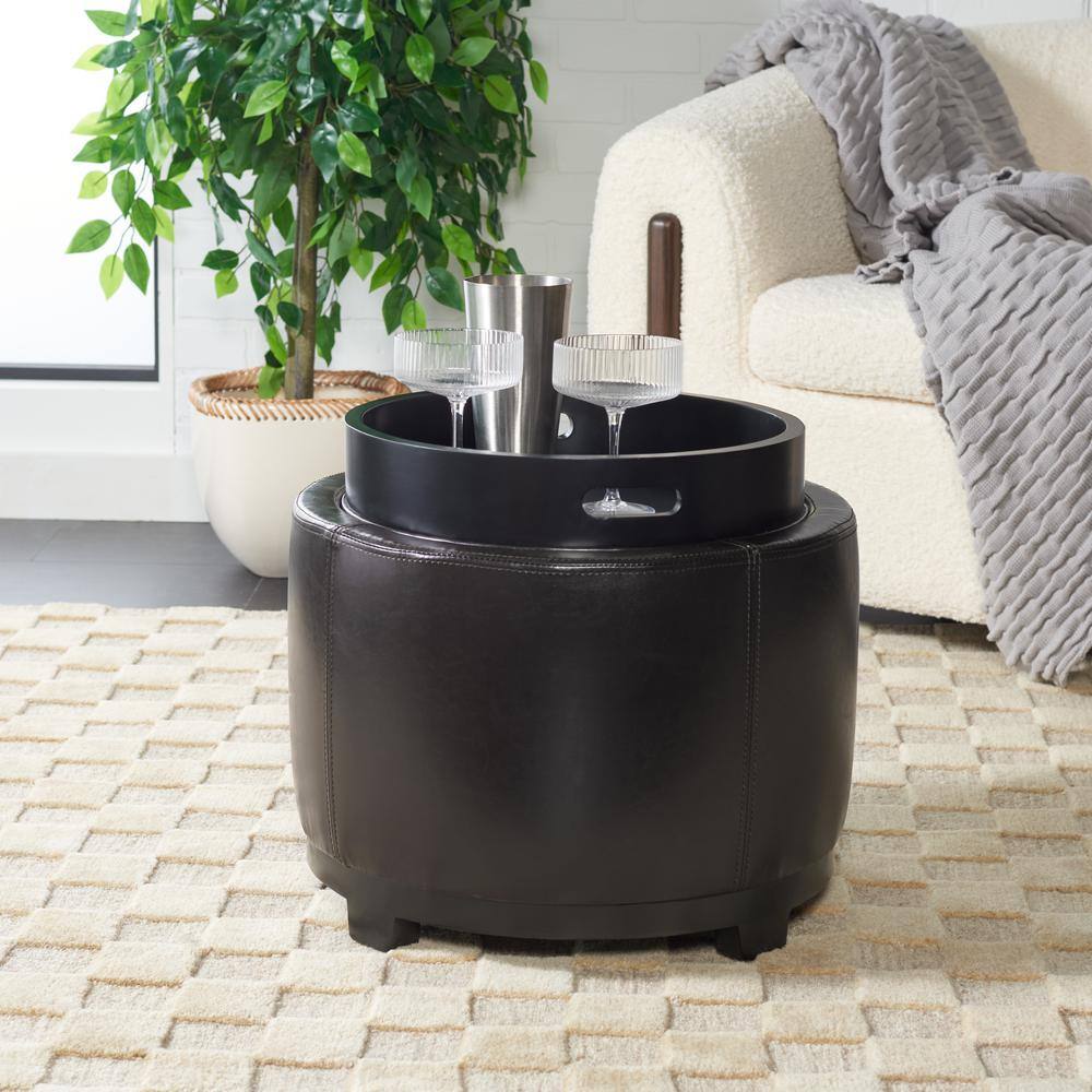 Transitional Cordovan Round Ottoman with Storage Tray