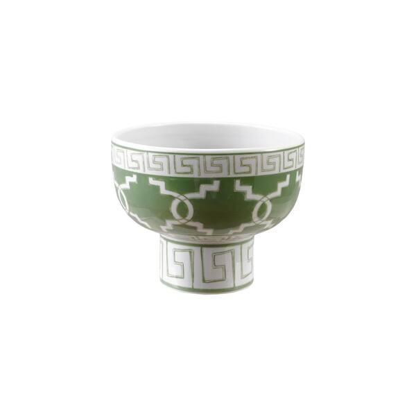 90 fl. oz. Green & White Stoneware Footed Elevated Bowl with Geometric Pattern
