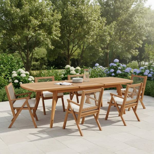 7-Piece Teak Acacia Wood Expandable Outdoor Dining Set with Beige Cushions