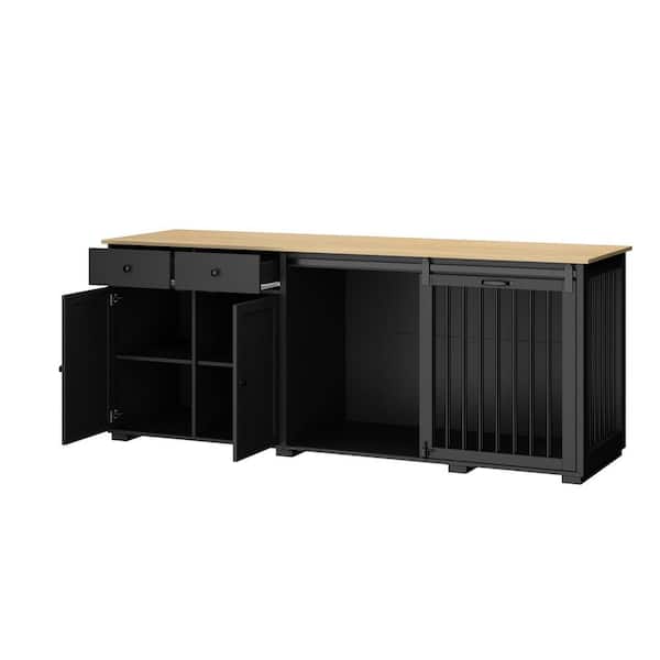 FUFU&GAGA Large Dog Crate Storage Cabinet, Wooden Heavy-Duty Dog Pens with 2-Drawers and Sliding Door for Large Medium Dogs, Black