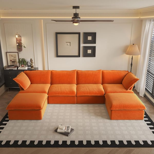 162.98 in. Wide Flared Arm Linen Velvet U Shaped 6-pieces Feather Sofa with Storage Ottoman, Removable Covers in Orange