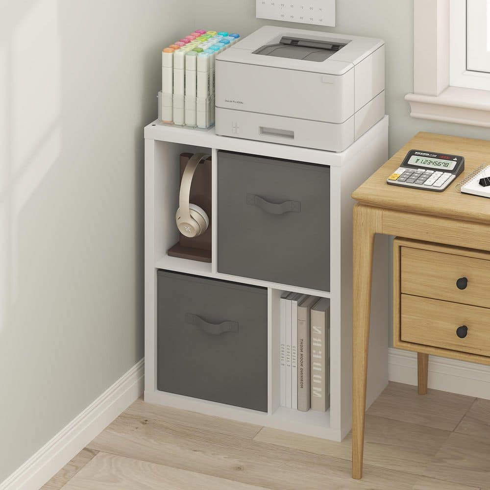 Viola 30.24 in. Tall White/Light Grey Wood 4-Shelf Standard Bookcase with 2 Storage Bins