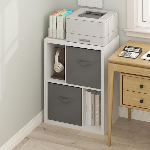 Furinno Viola 30.24 in. Tall White/Light Grey Wood 4-Shelf Standard Bookcase with 2 Storage Bins
