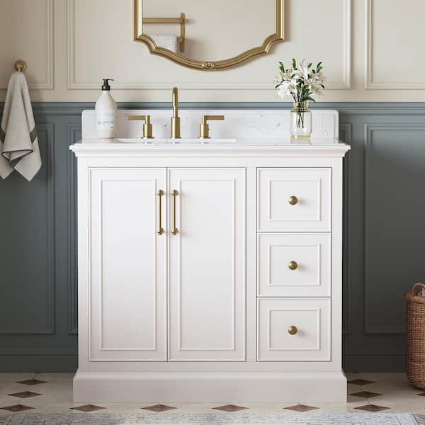 Ravenscroft 37 in. Single Sink White Swan Bath Vanity with Carrara White Engineered Stone Top (Assembled)