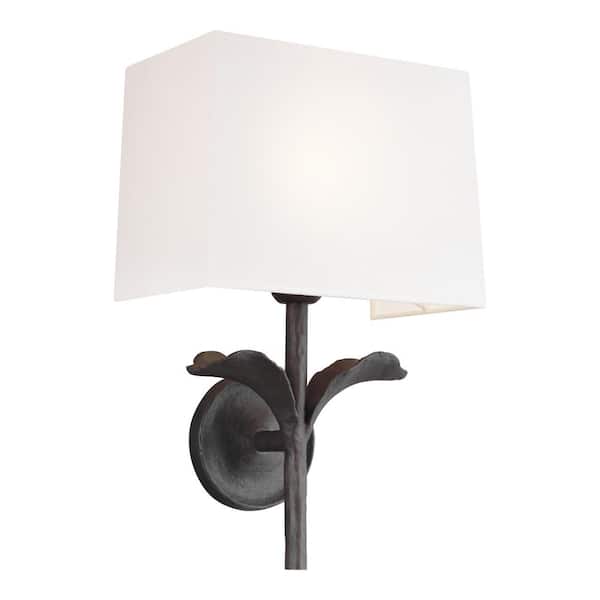 Generation Lighting Georgia 1-Light 11 in. Aged Iron Wall Sconce with White Linen Shade