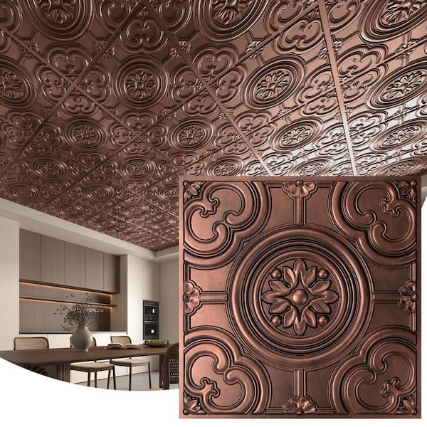 Antique Copper 2 ft. x 2 ft. Decorative Faux Tin Drop In Ceiling Tile, Square Edge Lay-In Ceiling Tile (48 sq.ft./Case)