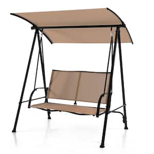 2-Person Heavy-duty Metal Frame Outdoor Patio Swing Adjustable and Convertible Canopy with Comfortable Fabric Seat,Beige