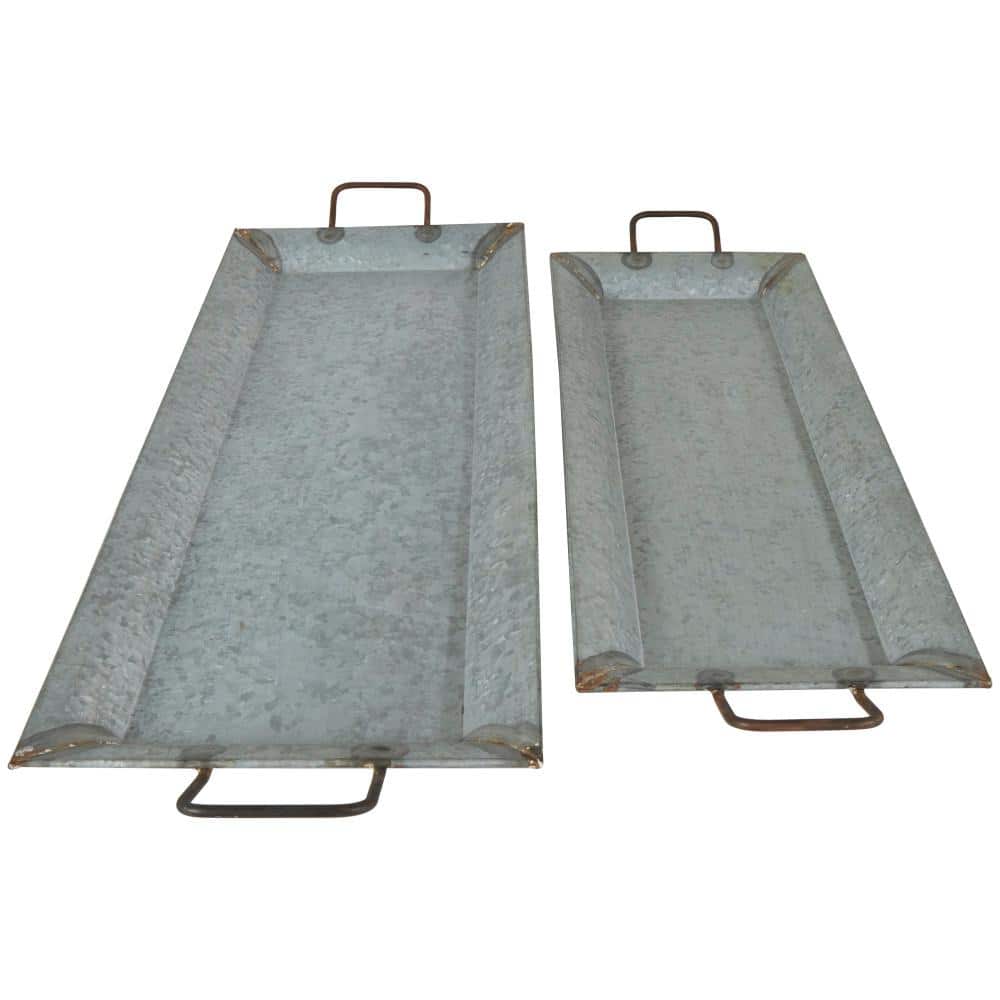 Gray Rectangular Metal Serving Tray Set with Gold Trim