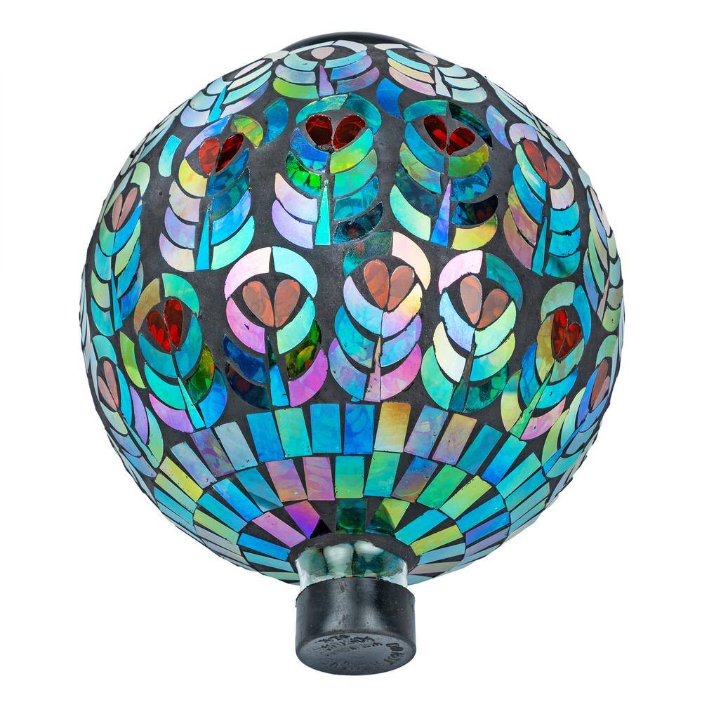 Solar Multicolor Glass Peacock Feather Mosaic Gazing Globe with Metal Stand