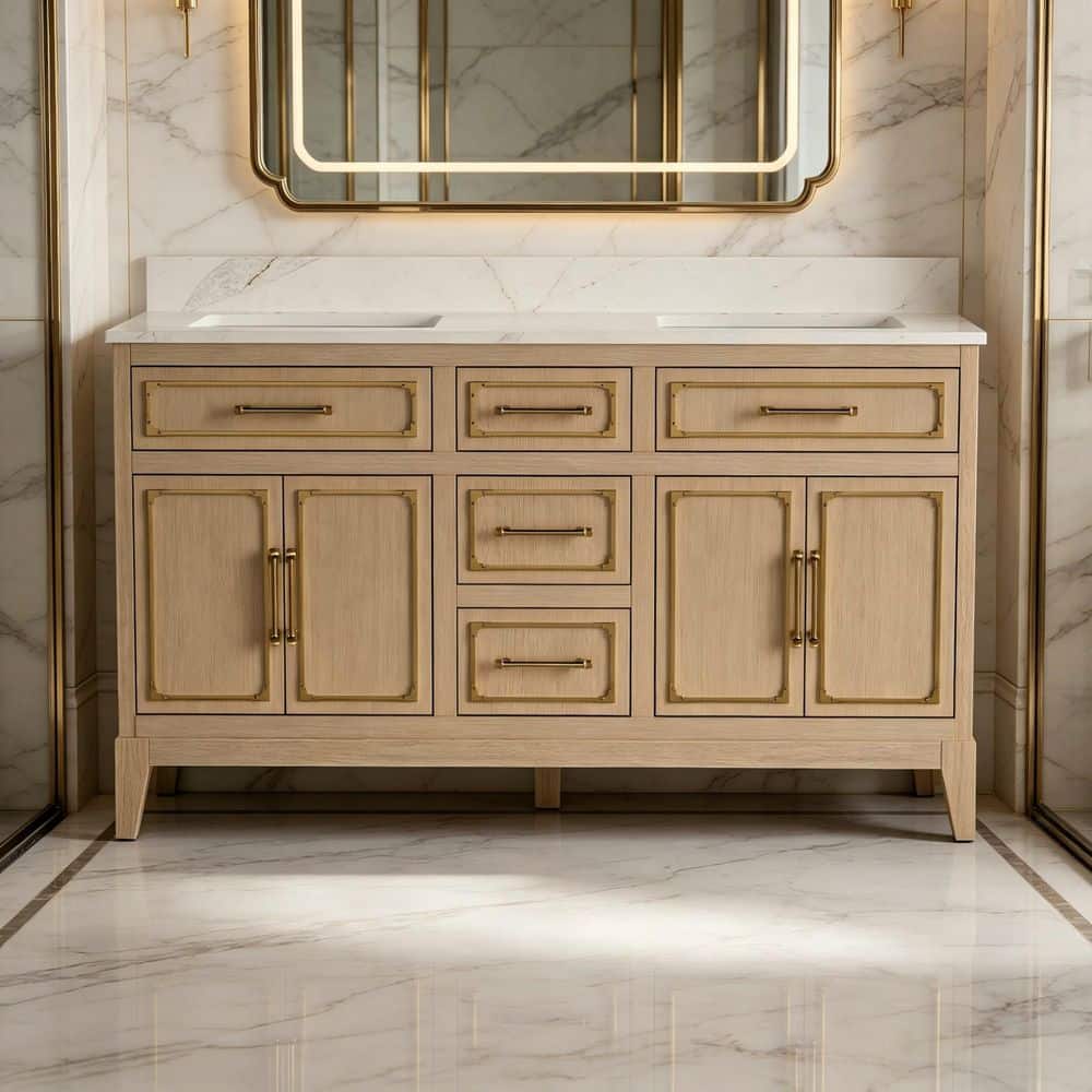 60 in. Freestanding Solid Wood Oak Bath Vanity w/ Calacatta Quartz Top Assembled, Backsplash, Soft-Close Drawer and Door price history on PriceWatchPro