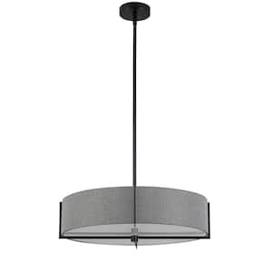 Preston 4 Light Matte Black Shaded Pendant Light with Grey Fabric Shade