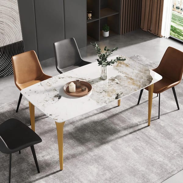Magic Home 63 in. Luxury Round Edge Pandora Sintered Stone Rectangle Top Golden Metal 4 Legs Dining Table (Seats 6)