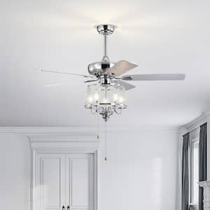 Modern 52 in. Indoor Chrome Ceiling Fan with Hand Pull Chain, 2-Color-Option Blades and Crystal Lampshade Included