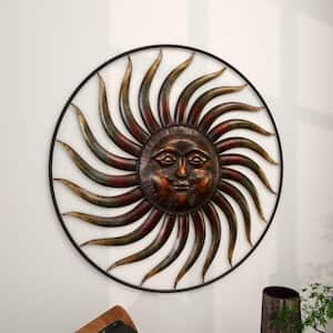 37 in. x 37 in. Metal Copper Indoor Outdoor Weathered Sun Wall Decor with Green Accents