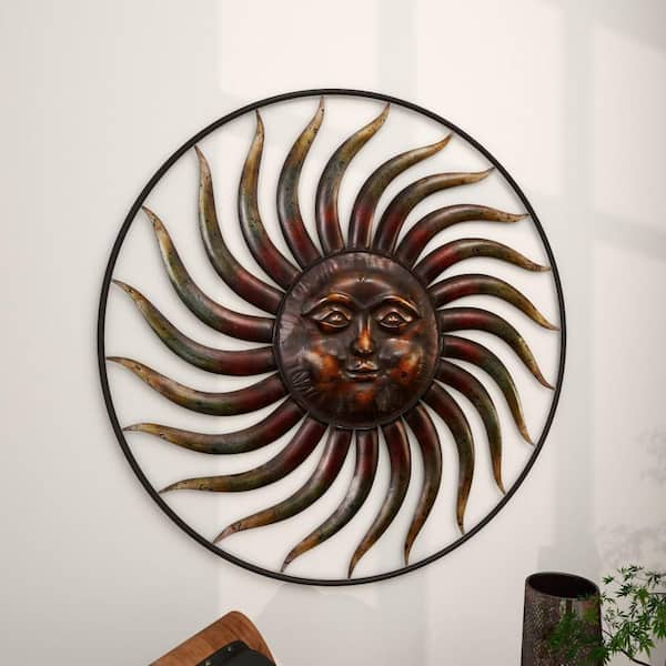 Litton Lane 37 in. x 37 in. Metal Copper Indoor Outdoor Weathered Sun Wall Decor with Green Accents