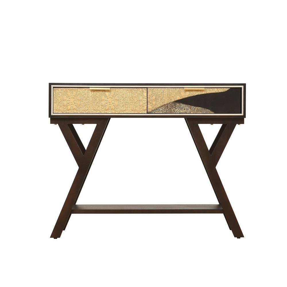 38.01 in. Black Rectangle MDF Console Table with 2-Drawers