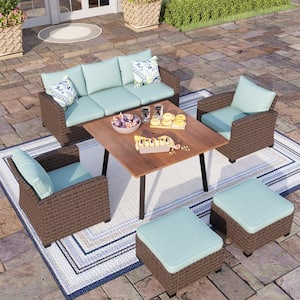 Brown Rattan 7 Seat 6-Piece Steel Outdoor Patio Conversation Set with Blue Cushions, Wood-Look Square Table