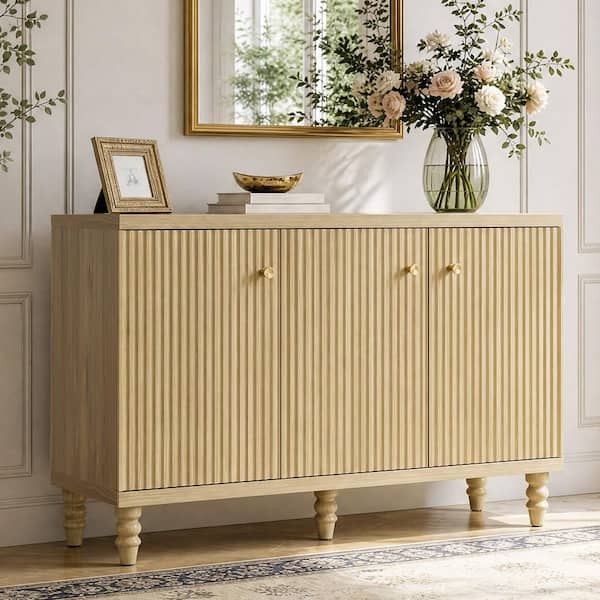 Natural Oak Wood Buffet with Hidden Storage, Fluted Doors and Adjustable Shelves