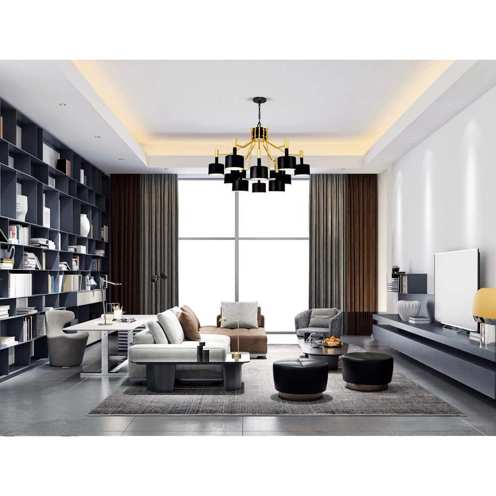 Matte Black and Satin Gold 12-Light Metal Chandelier