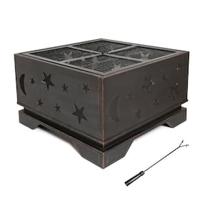 26 Inch Outside Portable Metal Wood Burning Fire Pit Square Fire Pits & Outdoor Fireplaces with BBQ Grill, Poker