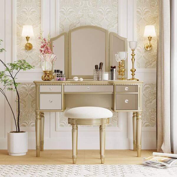 Gold 5 drawer 43.25 in. Wide Dresser with Mirror Dressing Table Set with Mirrored Drawers and Stool C WF306449AAT The Home Depot
