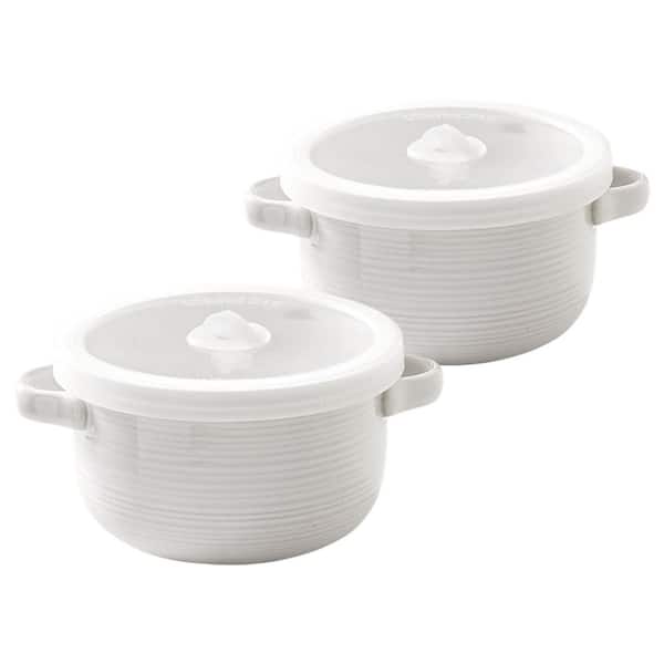 2pcs White Ceramic Soup Bowls with Handles and Silicone Lids, Microwavable and Oven Safe for Noodles, Cereal, and Chili