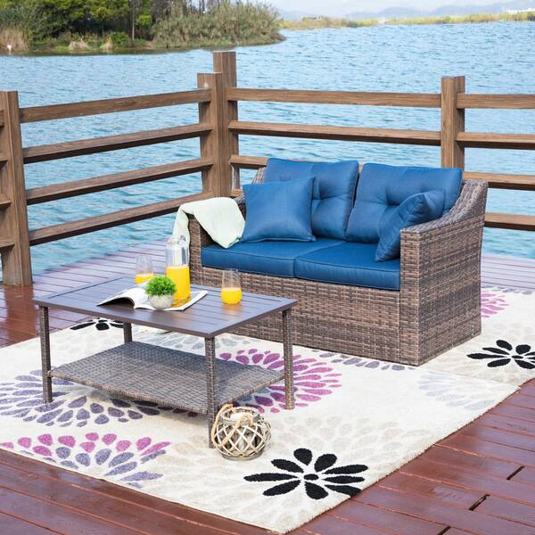 Patio Festival 2-Piece Wicker Patio Deep Seating Set with Blue Cushions