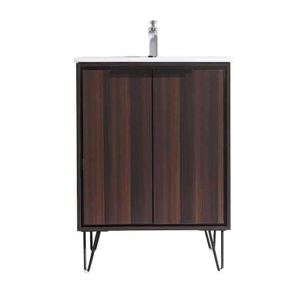 JimsMaison Walnut 24 in. W x 18 in. D x 35 in. H Bathroom Vanity Side Cabinet in Dark Walnut with White Ceramic Top
