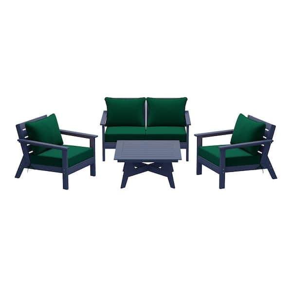 WESTIN OUTDOOR Birchwood Navy Blue Arrangeable 5-Piece Outdoor Patio HDPE Deep Seating Conversation Lounge Set w/ Green Cushions
