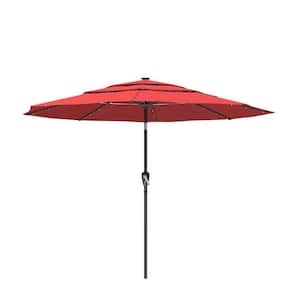 11 ft. Aluminum Triple Top Vented Designed Tilt Outdoor Market Patio Umbrella with LED Lights in Red
