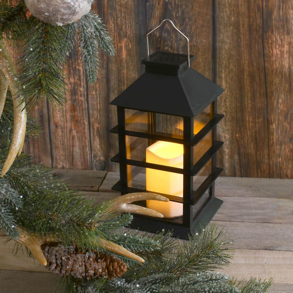 Black Solar Powered Lantern with LED Candle, 11 Inch
