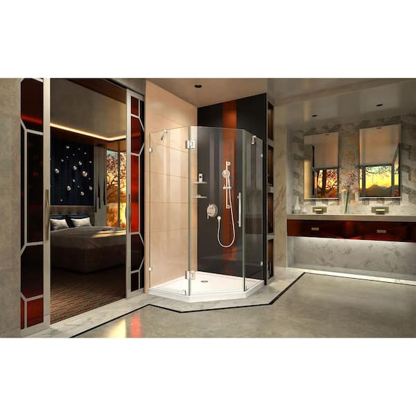Prism Lux 42 in. x 42 in. x 74.75 in. Frameless Hinged Corner Shower Enclosure in Chrome and Shower Base